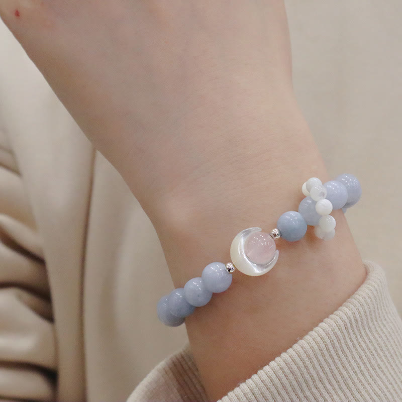 Pulsera de plata de ley 925 con amatista natural, aguamarina y cristal rosa, ojo de gato y luna creciente curativa.