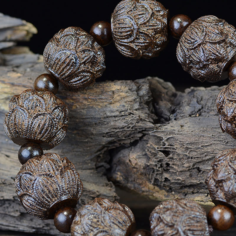 Pulsera de equilibrio con grabado de dragón de loto y dieciocho arhats de madera de ébano y piedras de Buda