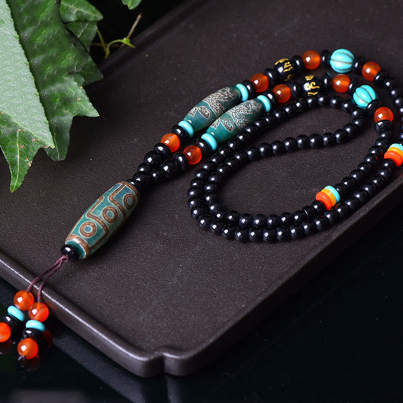 Collar con colgante de piedra de Buda tibetano con cuentas Dzi de nueve ojos y diseño de dragón, protección Om Mani Padme Hum