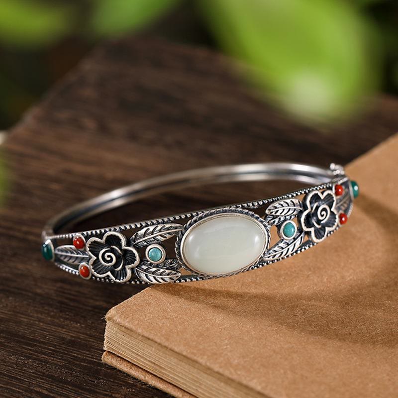 Buddha Stones Cyan Jade Weiß Jade Blume Blatt Harmonie Glück Armband Armreif