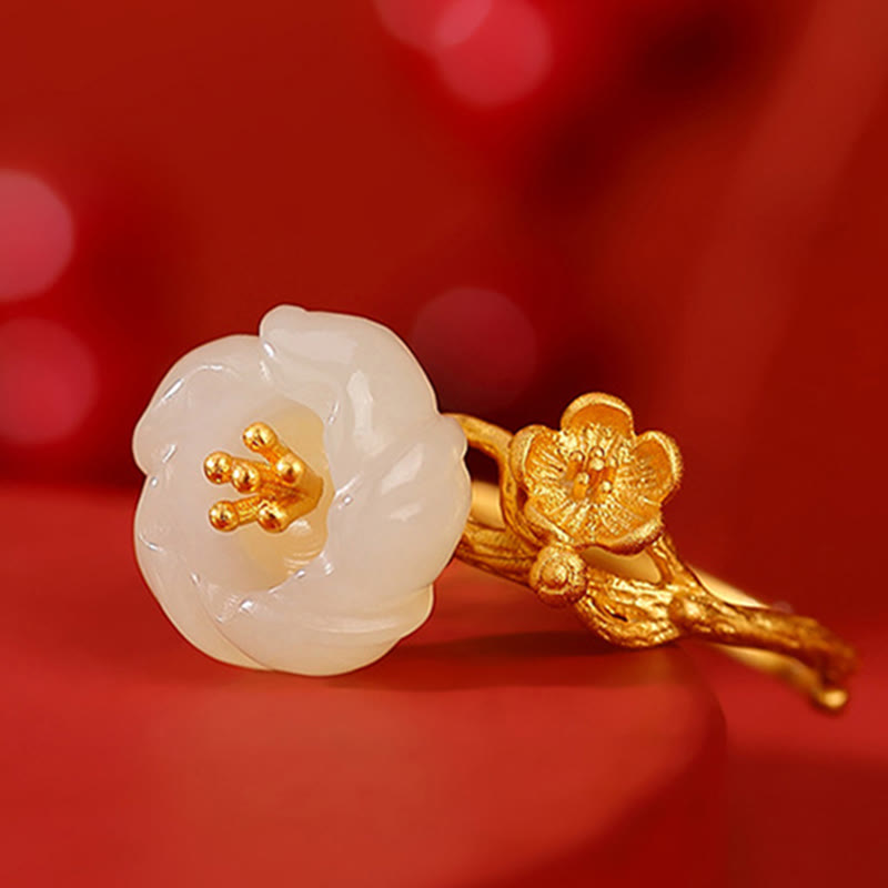 Buddha Stones 925 Sterling Silver Plated Gold Hetian Jade Plum Blossom Luck Necklace Pendant Bracelet Bangle Ring