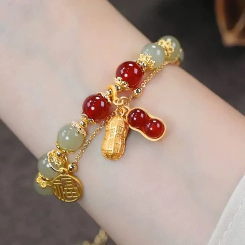 Pulsera de cuentas con piedras de Buda, hojas de jade, ginkgo, tulipán, cacahuete y carácter Fu, con la suerte