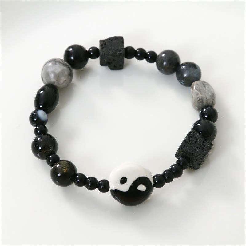 Pulsera de protección de la fortuna Yin Yang con cuentas de jaspe Picasso de ónix negro y piedras de Buda