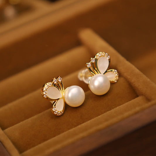 Pendientes de plata de ley 925 con piedras de Buda, chapados en oro de 18 quilates, con perlas naturales de cobre, mariposas y circonitas.