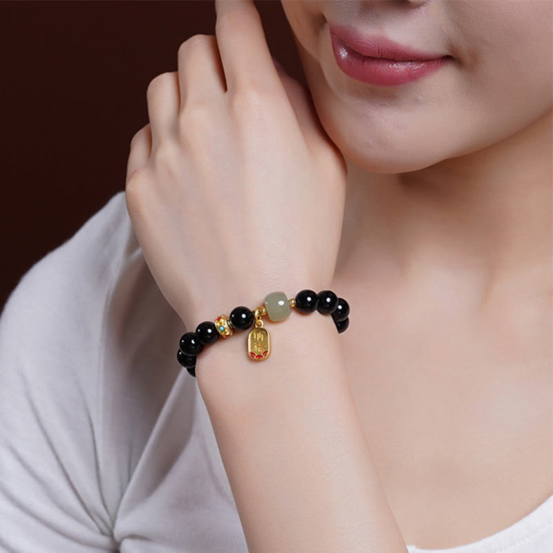 Pulsera de amuleto de la suerte con cuentas de jade hetiano de ónix negro y piedras de Buda
