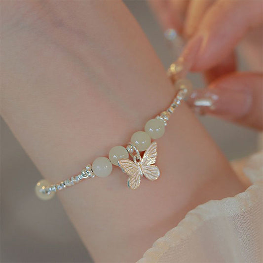 Pulsera con dije de mariposa de la suerte de jade hetiano natural de plata de ley 925 con piedras de Buda