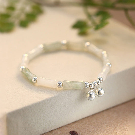 Pulsera de plata de ley 925 con piedras de Buda y jade blanco natural, con abalorio de campana de bambú, para la suerte y la felicidad.