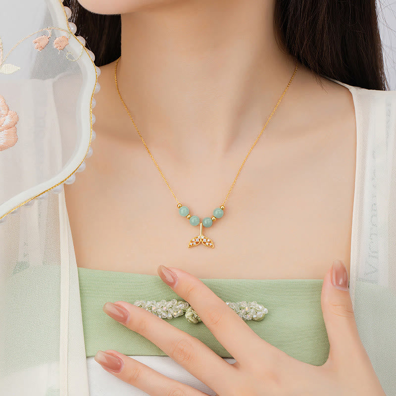Collar con colgante de cola de pez de cuentas de jade hetiano de plata de ley 925 con piedras de Buda y la suerte
