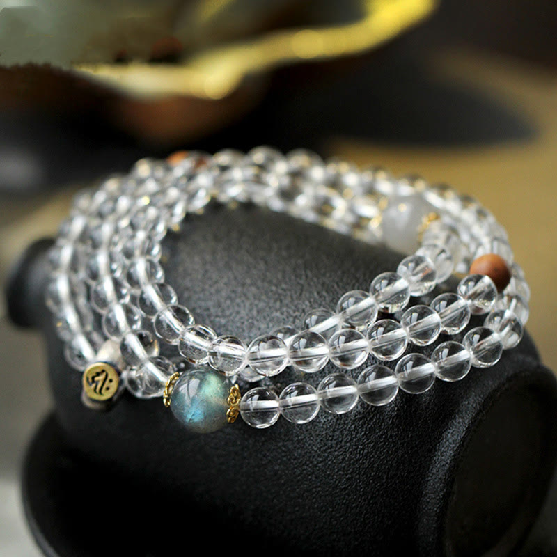 Buddha Stones 925 Sterling Silber Chinesisches Sternzeichen Natal Buddha Weißer Kristall Meditation Dreifach Wickelarmband