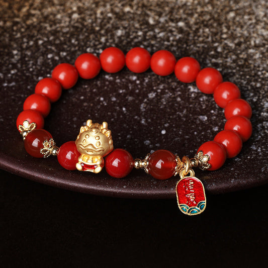 Pulsera protectora de lingotes de cinabrio natural del Año del Dragón con piedras de Buda