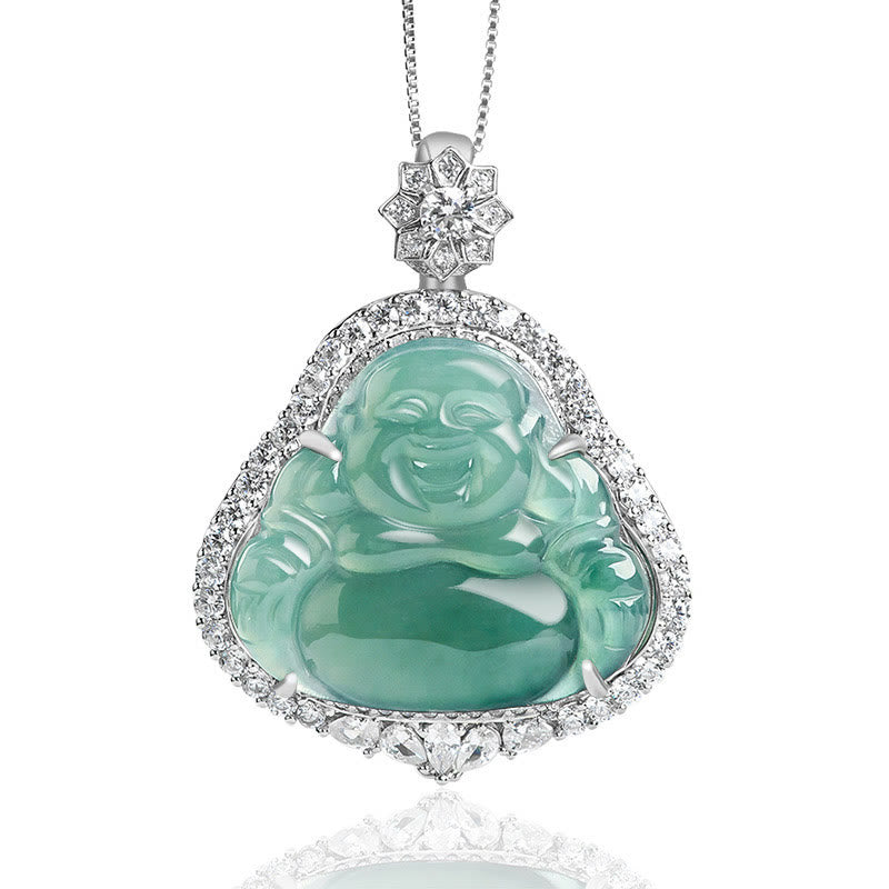 Collar con colgante de Buda sonriente de plata de ley 925 con piedras de Buda y jade natural para la suerte y la abundancia.