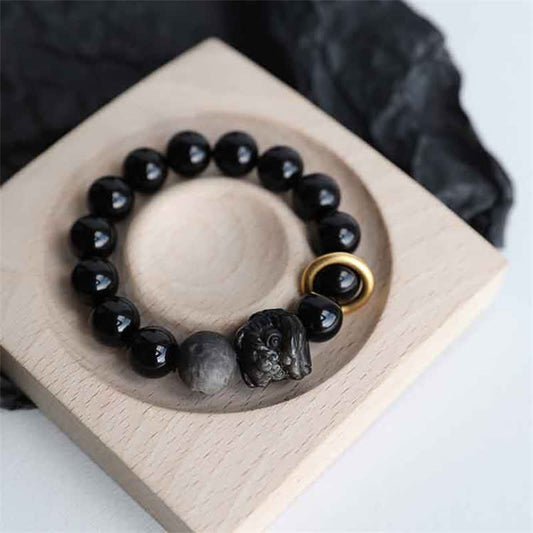 Buddha Stones Black Obsidian Silver Sheen Obsidian Lion Strength Bracelet
