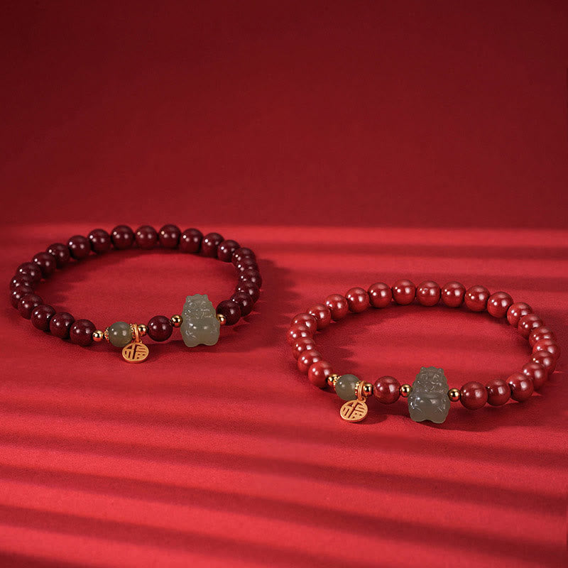 Buddha Stones 925 Sterling Silver Year of the Dragon Natural Cinnabar Hetian Jade Dragon Fu Character Ruyi As One Wishes Charm Blessing Bracelet
