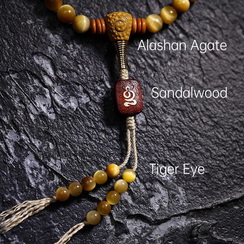 Buddha Stones 108 Mala-Perlen, natürliches Tigerauge, Kupfer, Dorje-Schutz, Quastenarmband