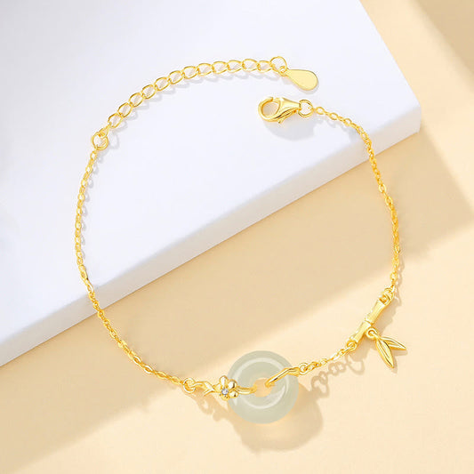 Pulsera de plata de ley 925 con piedras de Buda, jade hetiano, calcedonia, hebilla de paz, hoja de bambú y cadena de prosperidad.