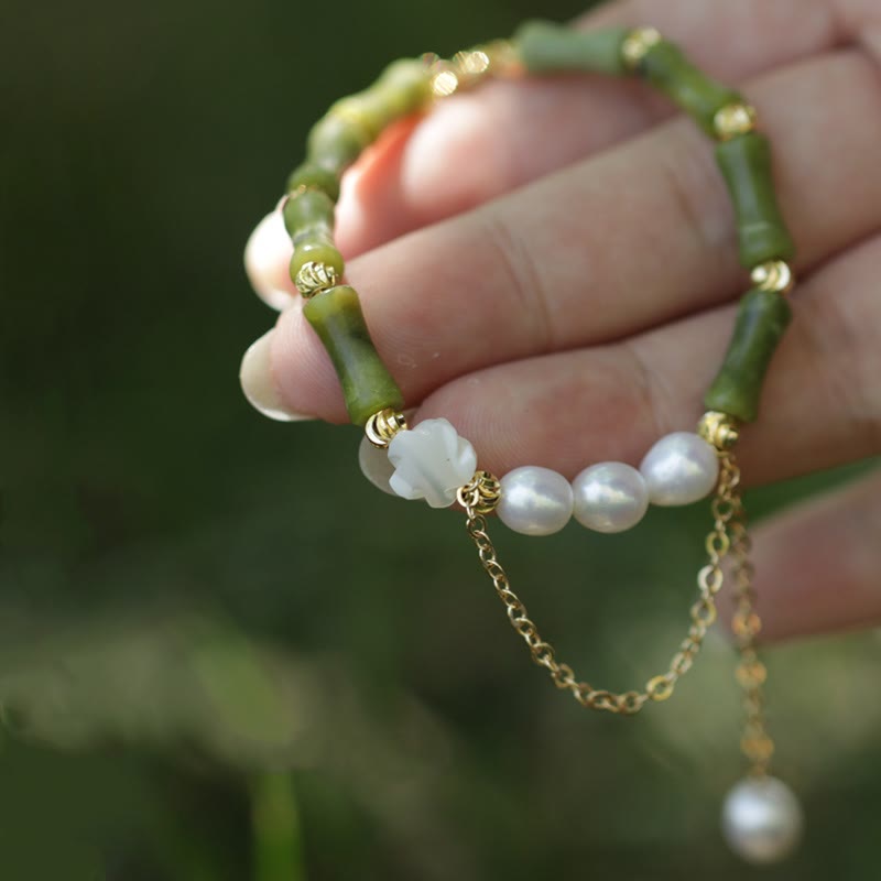 Pulsera de la riqueza con piedras de Buda, bambú verde, jade y lirio de los valles