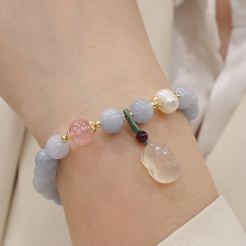 Pulsera con dije de gato, calabaza, conejo y calcedonia natural de aguamarina y piedras de Buda