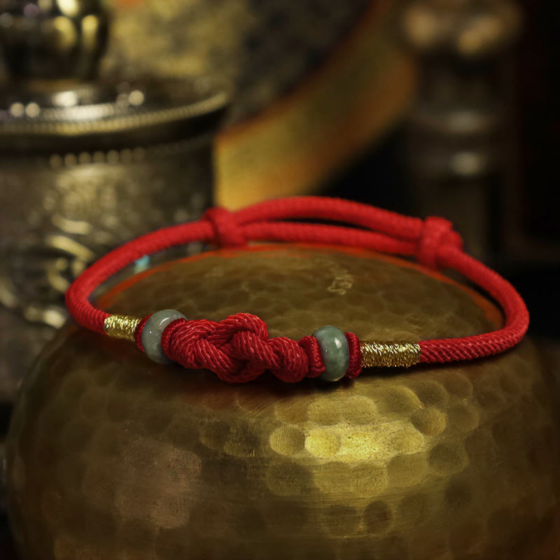 Pulsera trenzada con nudo de la fortuna y jade rojo de Buda