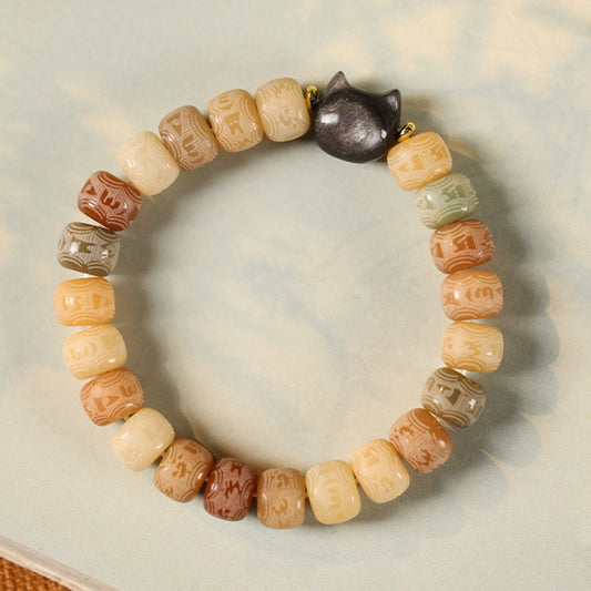 Pulsera de armonía con piedras de Buda, semilla de Bodhi, obsidiana plateada con brillo, cabeza de gato y grabado Om Mani Padme Hum
