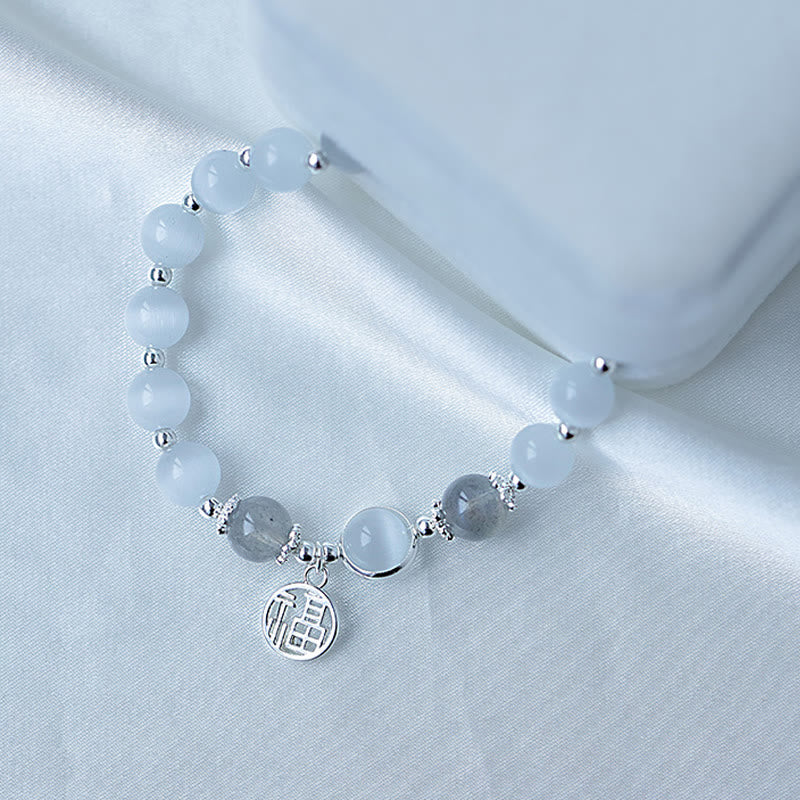 Pulsera con abalorios de bola con carácter Fu de piedra lunar y ojo de gato de Buda