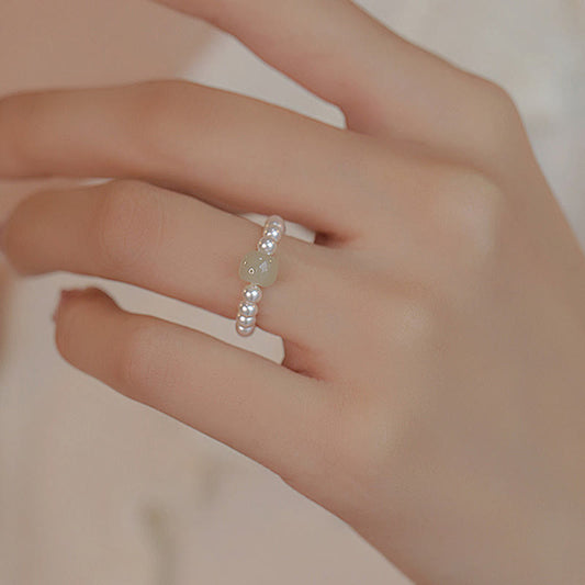 Anillo de la suerte con cuentas redondas de jade y perlas de Buda