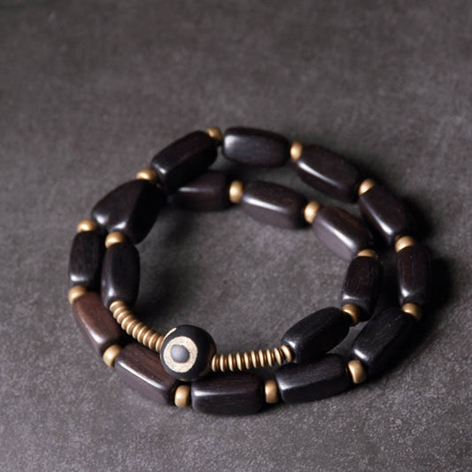 Pulsera de doble vuelta con cuentas Dzi de madera de ébano del Tíbet y piedras de Buda