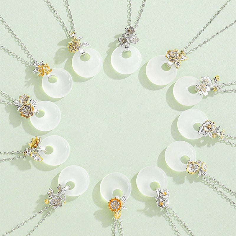 Collar con colgante de flor de armonía de doce meses de calcedonia redonda de plata de ley 925 con piedras de Buda