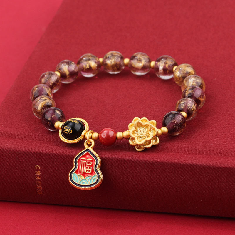 Pulsera de la suerte con cuentas de vidrio de loto y liuli con abalorios de calabaza del Tíbet con el símbolo Om Mani Padme Hum Fu de Buda