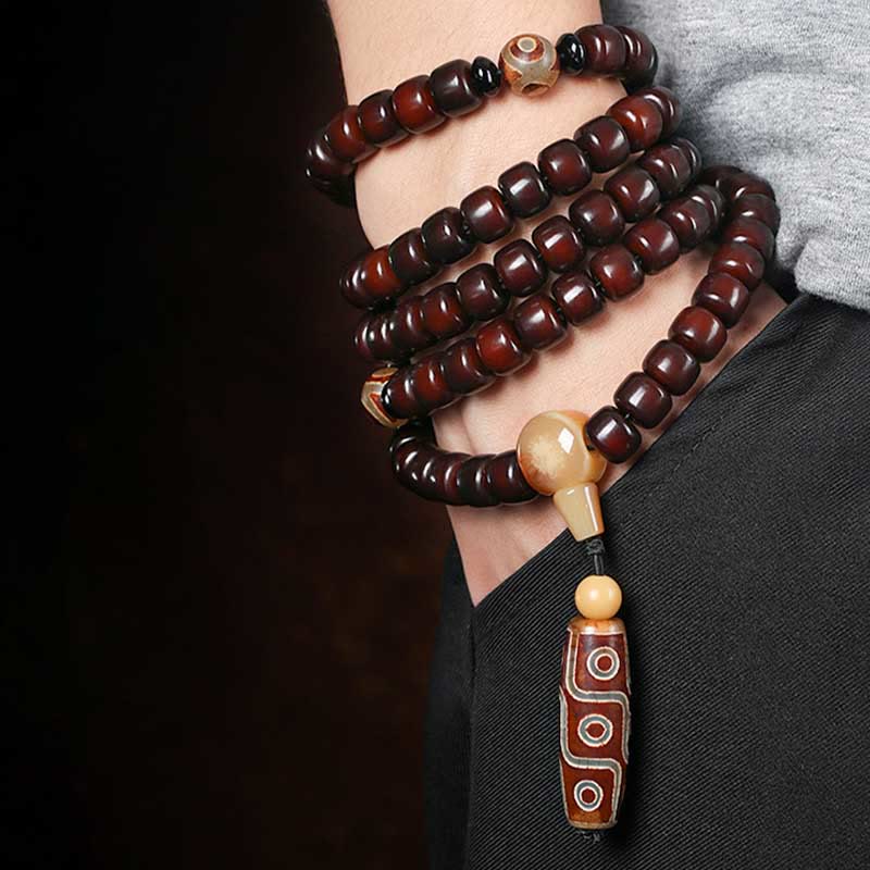 Pulsera de jade de la suerte con 108 cuentas Mala, cuentas Dzi de tres ojos y cuentas Dzi de nueve ojos.
