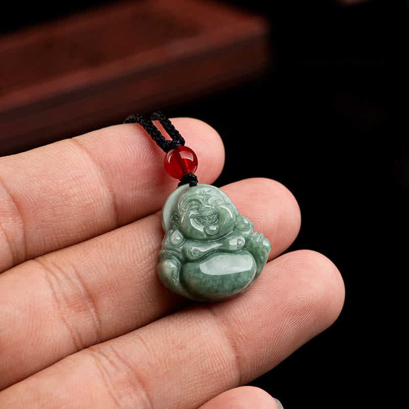 Collar con colgante de Buda sonriente de jade verde natural con piedras de Buda y la suerte de la abundancia