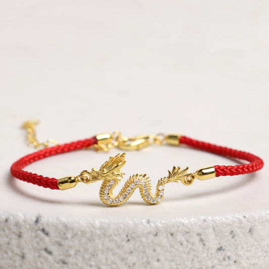 Pulsera de cadena de cuerda roja con piedras de Buda en plata de ley 925, con el Año del Dragón, la suerte y el dragón dorado auspicioso.