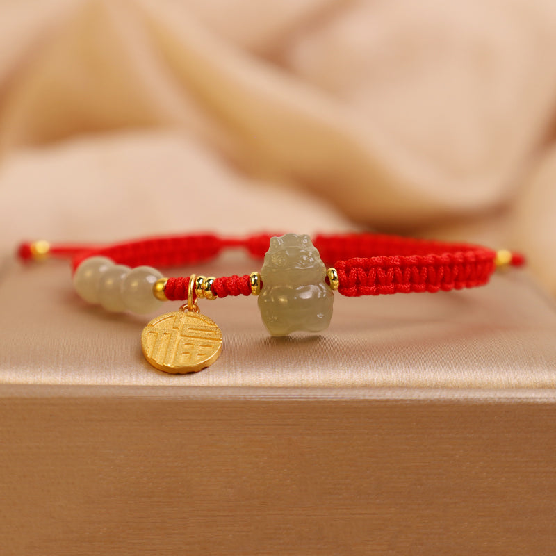 Buddha Stones Year of the Dragon 925 Sterling Silver Hetian Jade Fu Character Luck Bracelet
