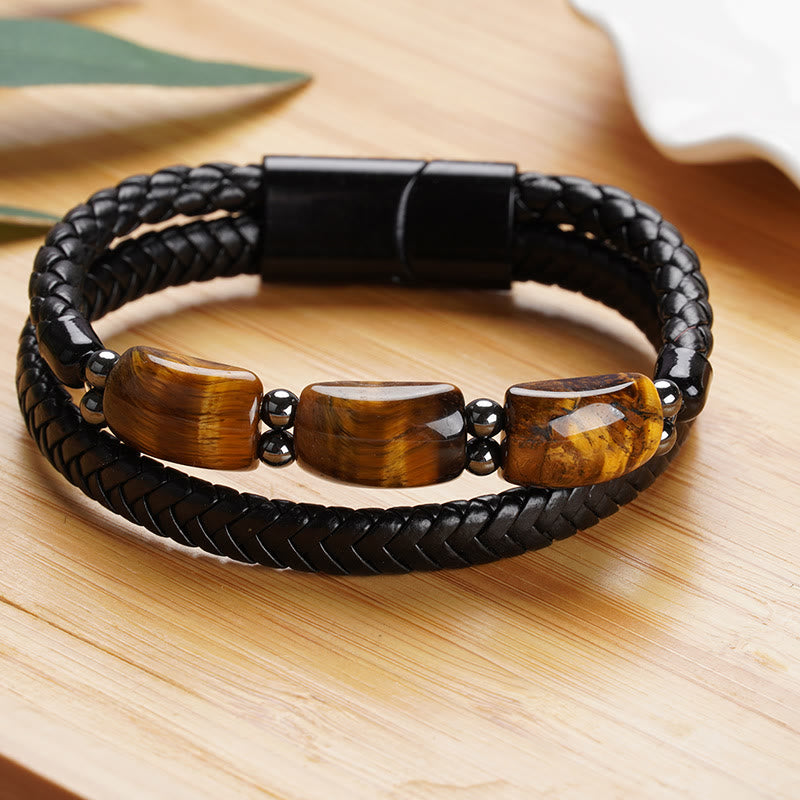 Pulsera de cuero con hebilla magnética y protección de fuerza de voluntad con ojo de tigre natural y piedras de Buda