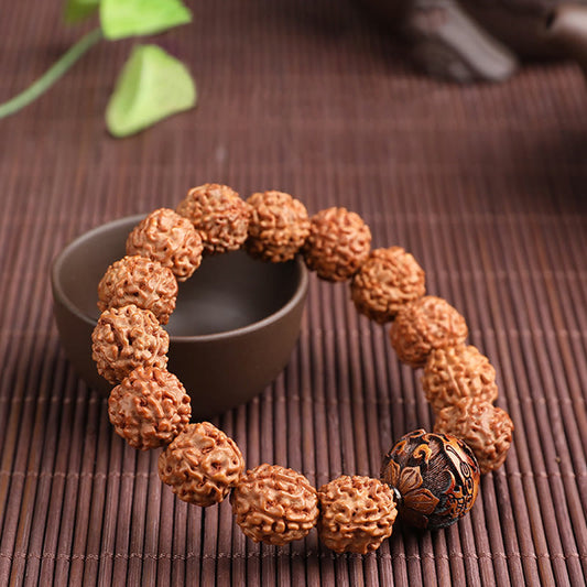 Pulsera de la suerte y la riqueza con monedas de cobre PiXiu, semillas de Rudraksha y Bodhi del Tíbet, piedras de Buda