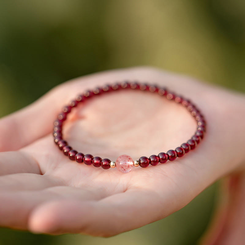 Pulsera de piedra de Buda con cuarzo fresa y granate natural