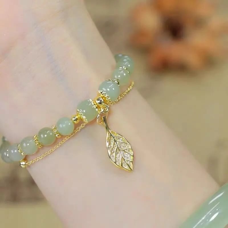 Pulsera de cuentas con piedras de Buda, hojas de jade, ginkgo, tulipán, cacahuete y carácter Fu, con la suerte