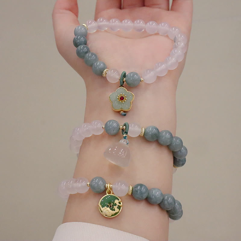Buddha Stones Weißer Achat Jade Lotusblume Friedensschnalle Schutzarmband