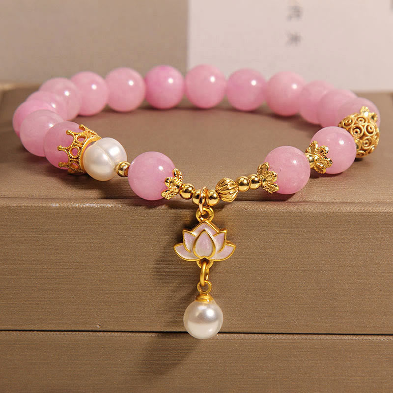 Pulsera de armonía con dijes de loto, perla y jade rosa de Buda