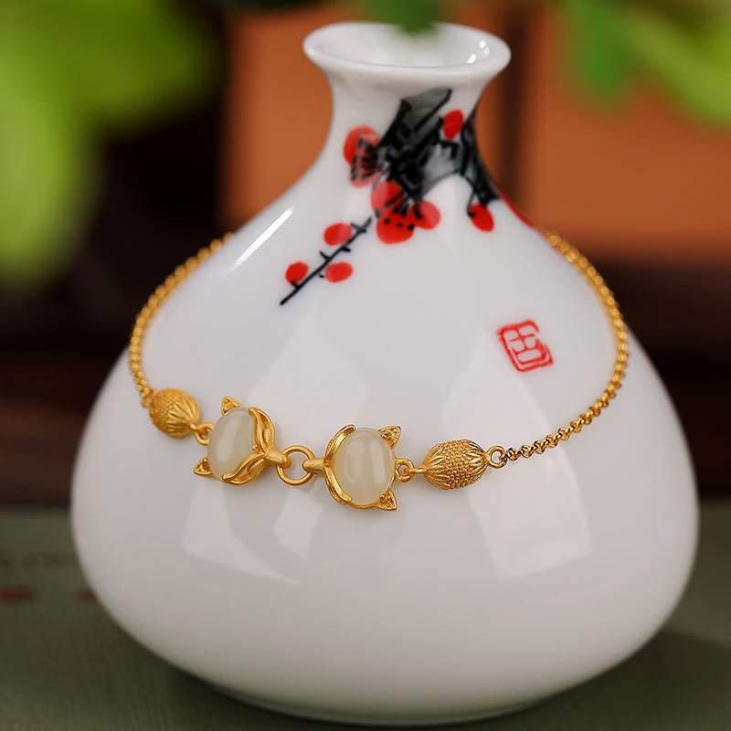 Buddha Stones 925 Sterling Silber Natürliche Hetian Weiße Jade Cyan Jade Schöne Fuchs Glück Armband