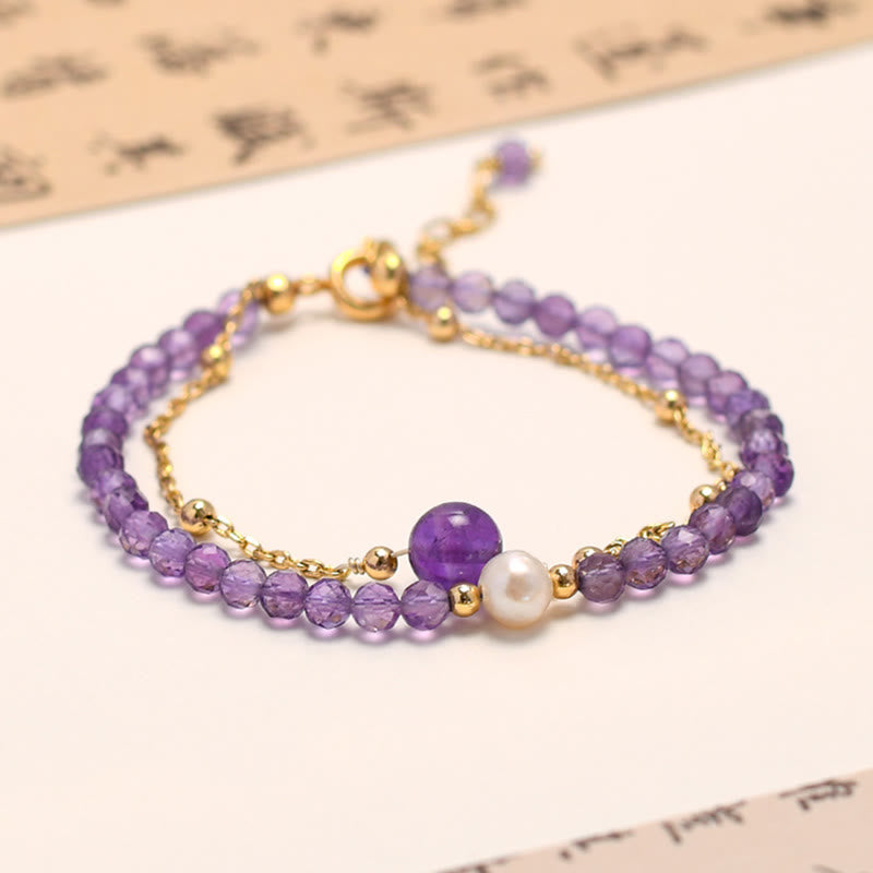 Pulsera de cadena de doble capa con cristales de amatista y baño de oro de 14 quilates de Buddha Stones