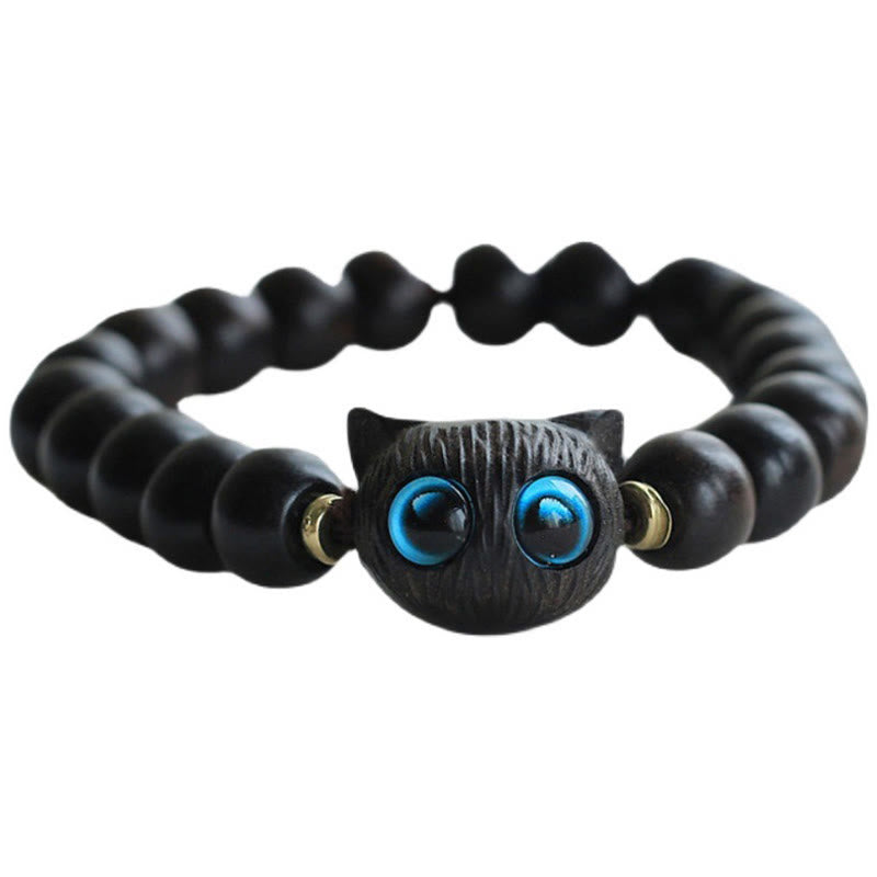 Pulsera de la paz con piedras de Buda, madera de ébano y sándalo verde, con un bonito gato