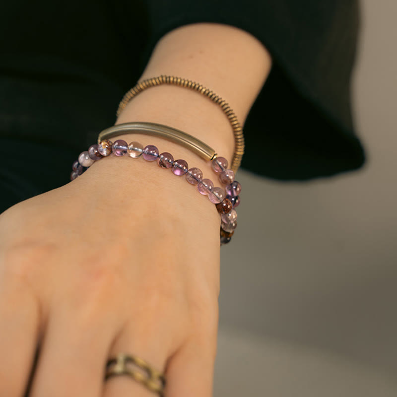 Pulsera de cobre con piedras de Buda, cuarzo hematoide rojo fantasma morado y cuarzo rutilado verde, amor y perdón