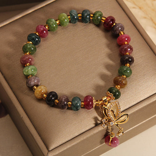 Pulsera de sabiduría con dije de mariposa y turmalina colorida de piedras de Buda