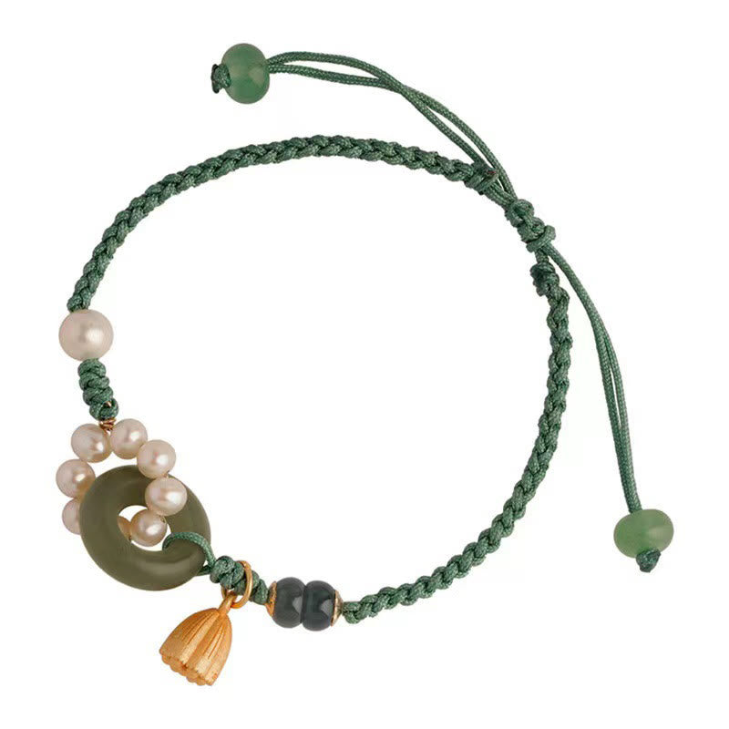 Buddha Stones Natürliche Hetian Jade Peace Buckle Pearl Luck Handgefertigtes geflochtenes Armband