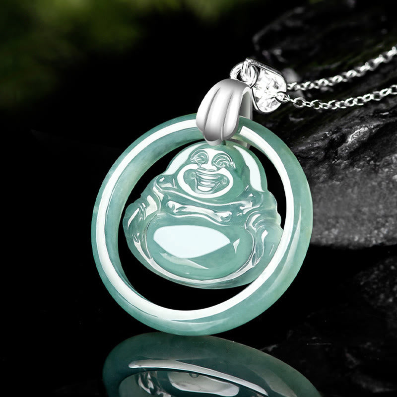Collar con colgante de Buda sonriente de jade natural en plata de ley 925 con piedras de Buda