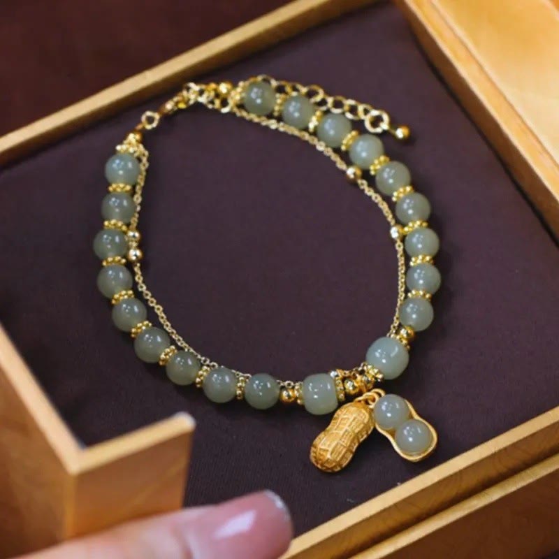 Pulsera de cuentas con piedras de Buda, hojas de jade, ginkgo, tulipán, cacahuete y carácter Fu, con la suerte