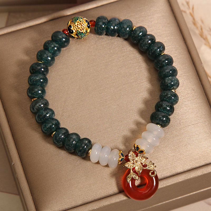 Pulsera de la suerte con cuentas de ábaco, jade, ágata blanca y ágata roja, con hebilla de paz