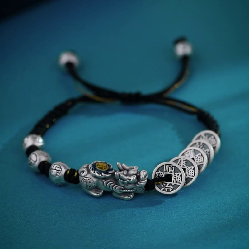 Pulsera Feng Shui con piedras de Buda y cinco monedas imperiales PiXiu para proteger la riqueza