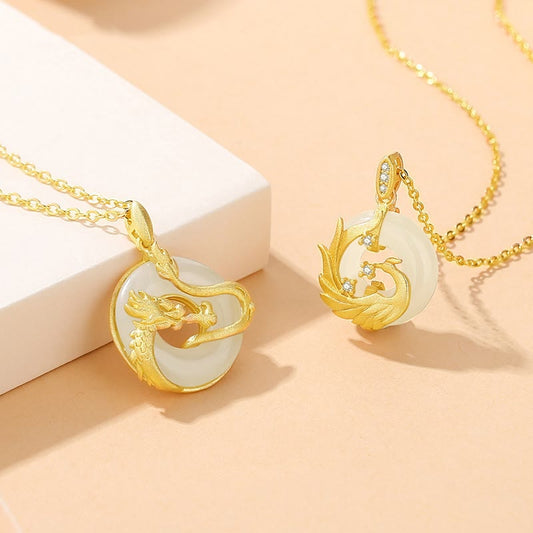 Collar con colgante de plata de ley 925 con piedras de Buda, jade hetiano, dragón dorado, fénix y hebilla de la suerte.
