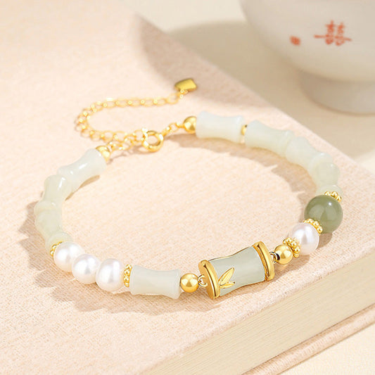 Pulsera de plata de ley 925 con piedras de Buda y jade blanco hetiano natural, con bendición de la suerte y bambú.